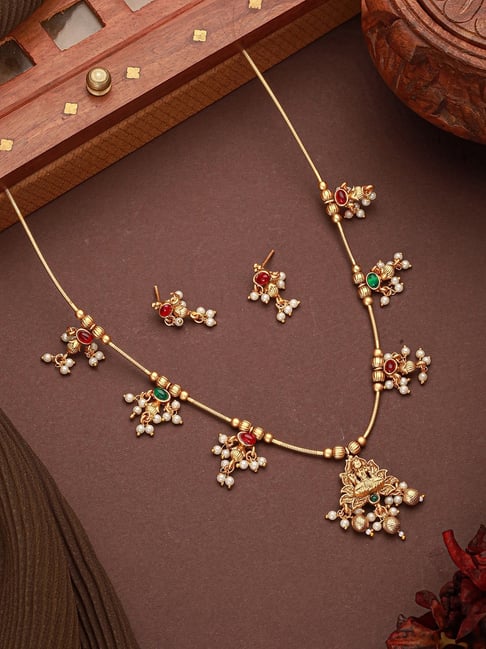 Saraf RS Jewellery Gold Statement Ball Chain Kempo Studded Lakshmiji Pendant Necklace & Earring Set