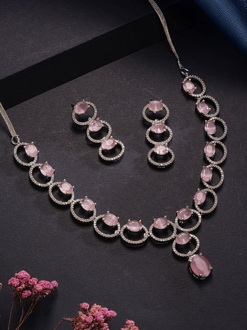 Saraf RS Jewellery Pink Statement AD Zircon Studded Minimal Necklace & Earring Set-picture-17