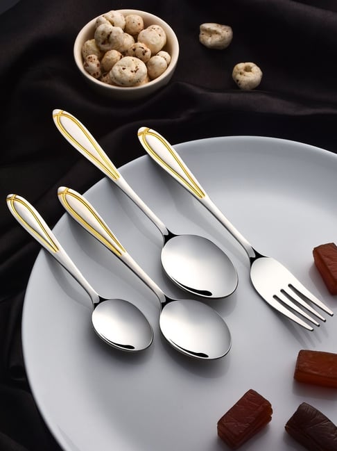 FNS Classic Silver Stainless Steel 24 Karat Gold Plated Cutlery with Leatherette Box - Set of 24