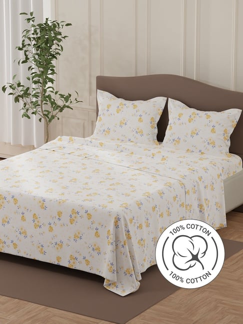 Layers Lumina Floret White & Yellow Cotton Floral 140 TC Flat Double Bedsheet with 2 Pillow Covers-picture-39