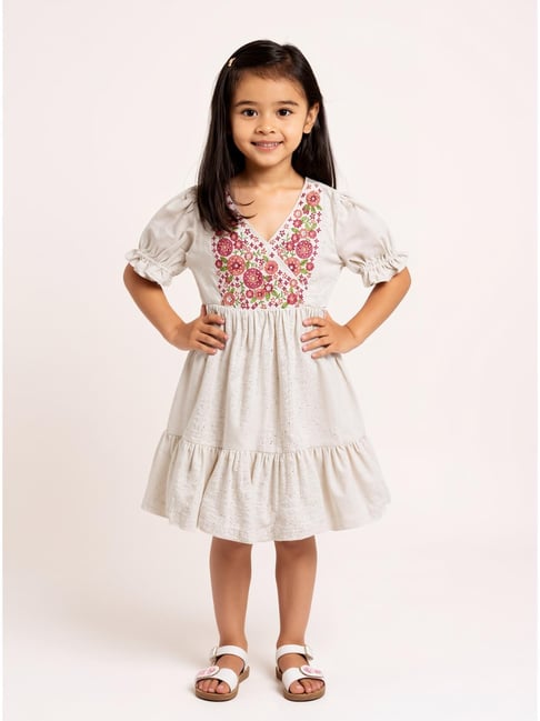 Utsa Kids by Westside Off-White Embroidered Cotton-Blend Tiered Dress