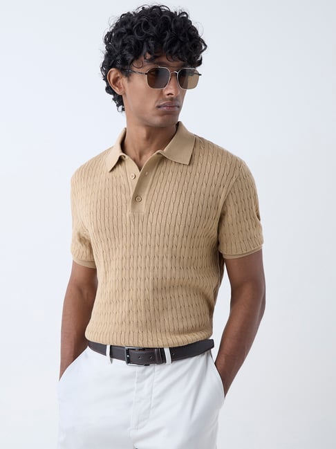 Ascot by Westside Beige Cable-Knit Relaxed-Fit Cotton Polo T-Shirt