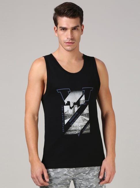Van Heusen Black Cotton Loose Fit Printed Vest