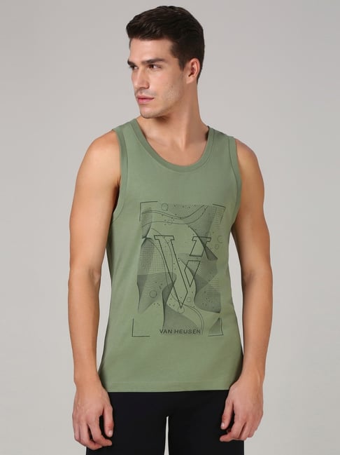 Van Heusen Green Cotton Loose Fit Printed Vest