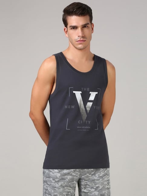 Van Heusen Grey Cotton Loose Fit Printed Vest