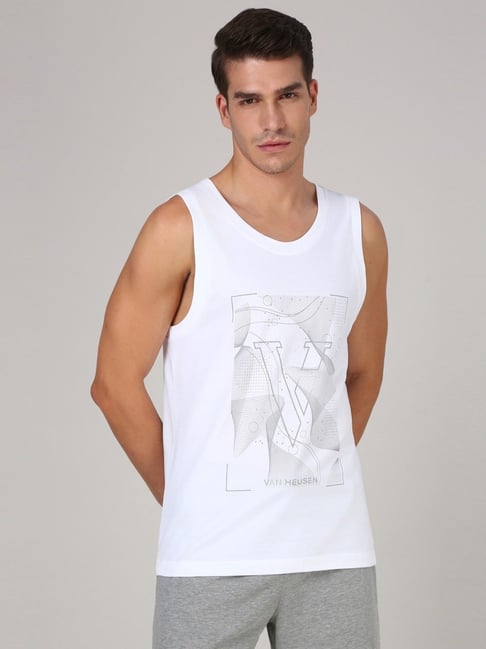 Van Heusen White Cotton Loose Fit Printed Vest