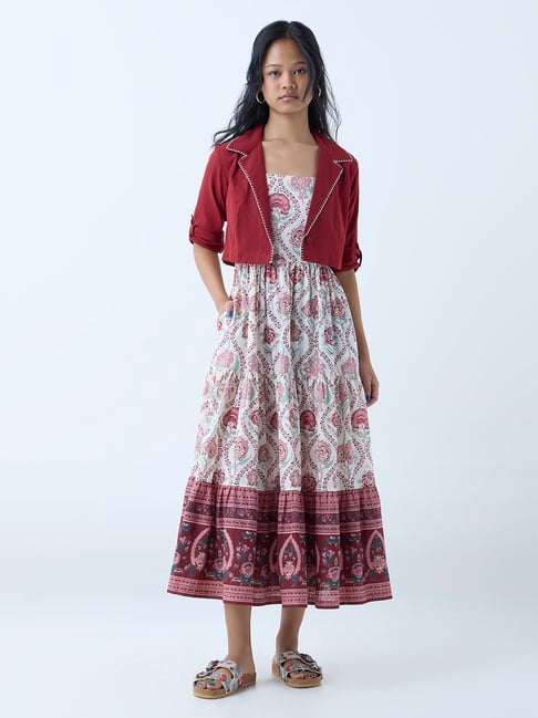 Bombay Paisley by Westside Red Floral Cotton Tiered Dress with Jacket