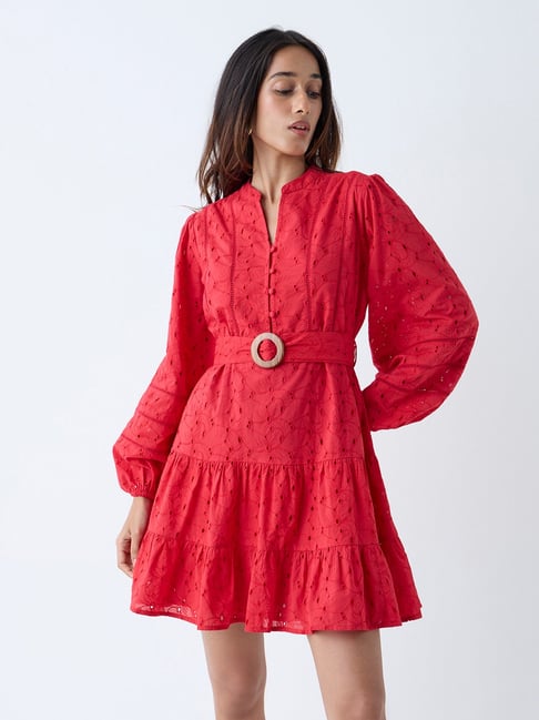 LOV by Westside Red Schiffli Detailed Tiered Cotton Dress with Belt