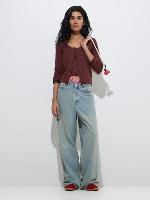 Nuon by Westside Dark Brown Solid Cotton-Blend Top with Inner Set