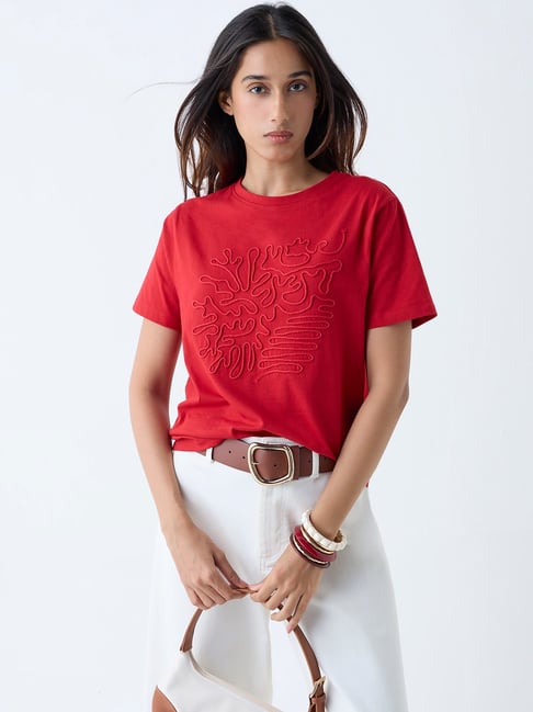 LOV by Westside Red Embroidered Cotton T-Shirt