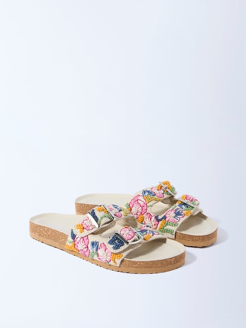 LUNA BLU by Westside Off-White Floral Embroidered Slip-On Sandals