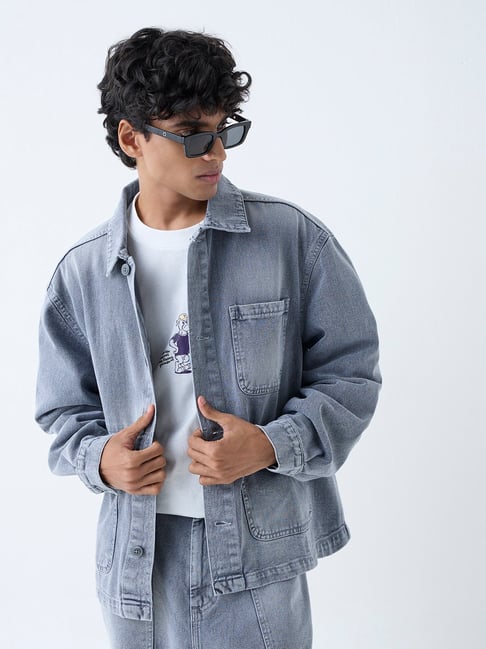Nuon by Westside Grey Washed Relaxed-Fit Denim Jacket