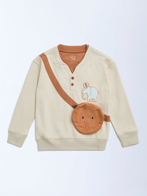 HOP Kids by Westside Beige Animal Design Cotton-Blend Sweatshirt