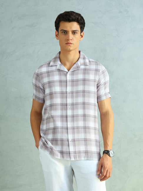 arrow sport brown cotton slim fit checks shirt