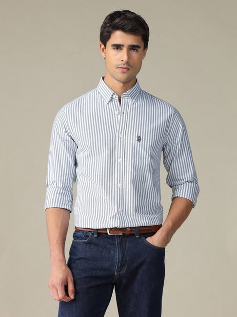 U.S. Polo Assn. Blue Cotton Regular Fit Striped Shirt