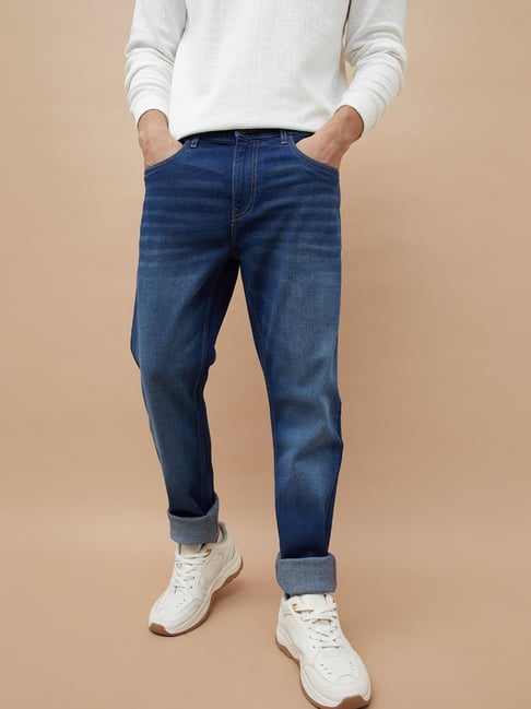 Fame Forever By Lifestyle Mid Blue Cotton Slim Tapered Fit Jeans-picture-31