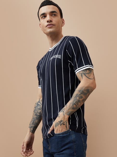Fame Forever By Lifestyle Navy Cotton Regular Fit Striped T-Shirt-picture-17