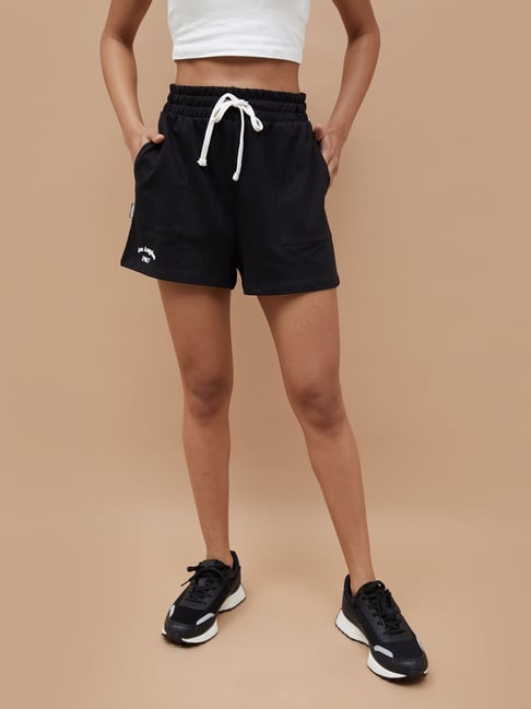 Kappa Black Cotton Regular Fit Printed Sports Shorts