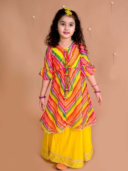 Pspeaches Girls Yellow Cotton Regular Fit Printed Kurta
