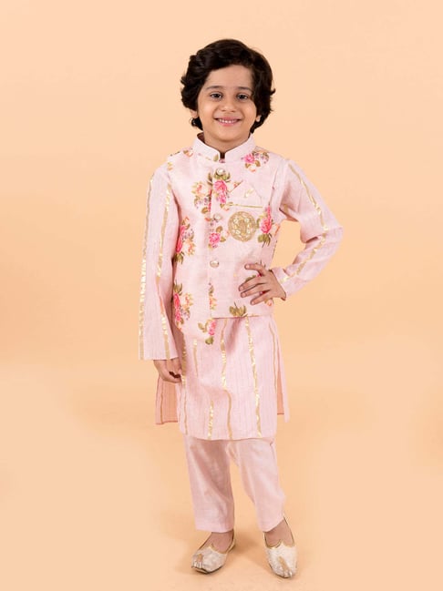 Pspeaches Boys Pink Cotton Regular Fit Floral Print Kurta Set