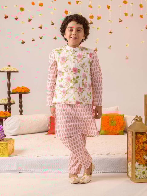 Pspeaches Boys Off White Cotton Regular Fit Floral Print Kurta Set