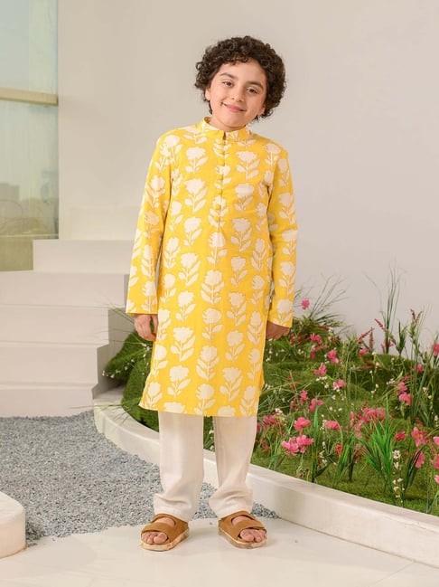 Pspeaches Boys Yellow Cotton Regular Fit Floral Print Kurta Set