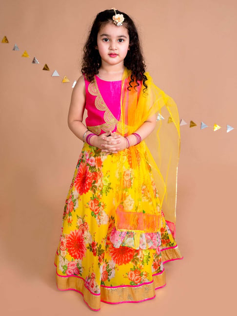 Pspeaches Girls Yellow Cotton Regular Fit Floral Print Lehenga Choli-picture-26