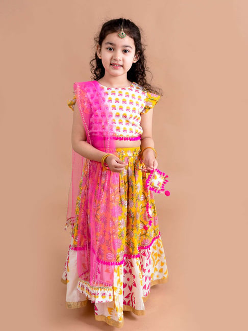 Pspeaches Girls Yellow Cotton Regular Fit Floral Print Lehenga Choli-picture-22