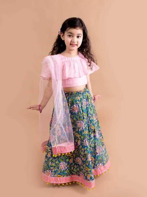 Pspeaches Girls Pink & Green Cotton Regular Fit Printed Lehenga Choli