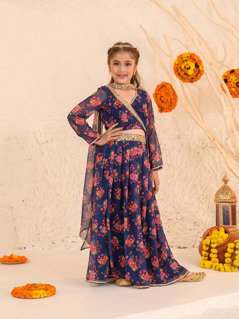 Pspeaches Girls Navy Georgette Regular Fit Floral Print Lehenga Choli-picture-13