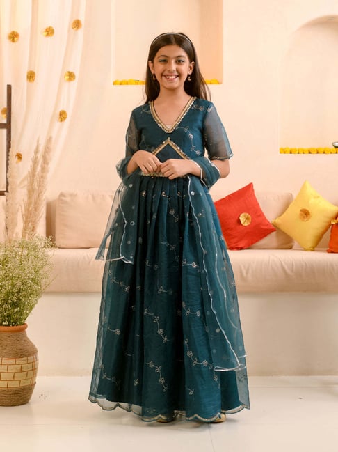 Pspeaches Girls Teal Georgette Regular Fit Sequence Lehenga Choli
