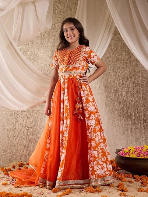 Pspeaches Girls Orange Regular Fit Printed Lehenga Choli