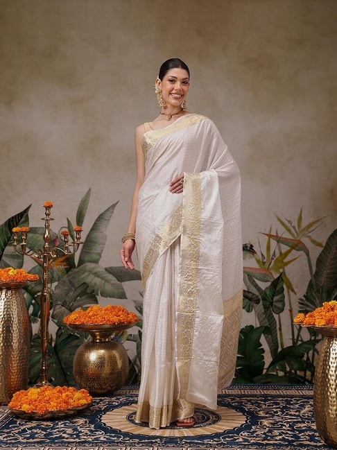 Silk Land Onam Special Checks Pattern Off White Saree-picture-32