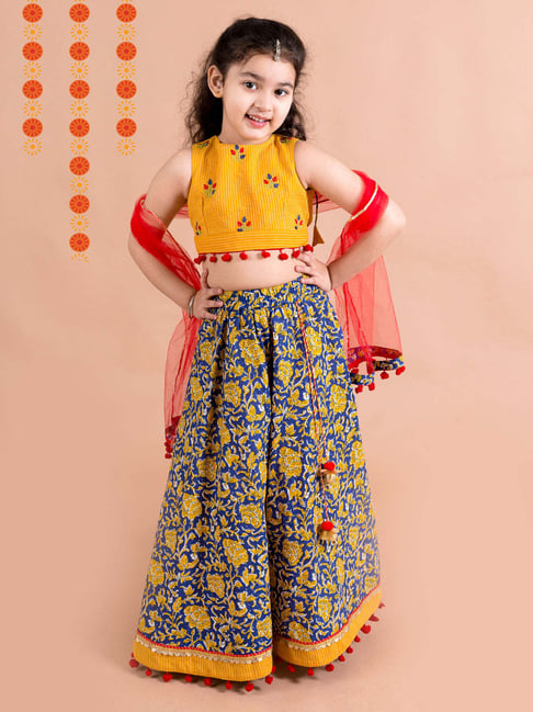 Pspeaches Girls Yellow Cotton Regular Fit Floral Print Lehenga Choli