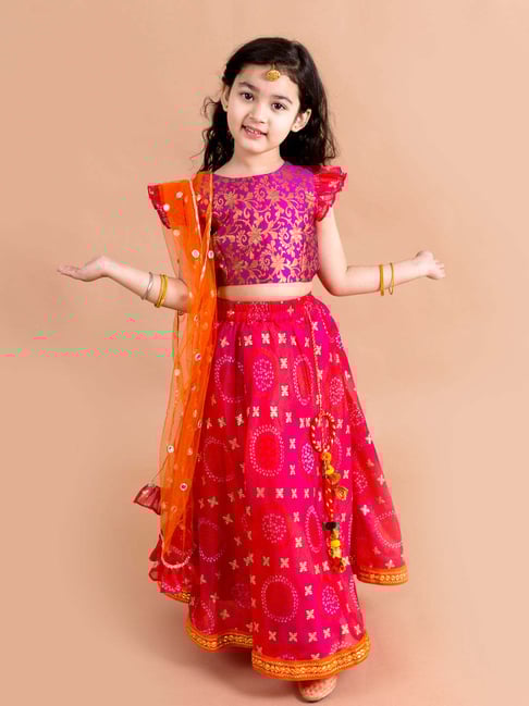 Pspeaches Girls Pink & Orange Cotton Regular Fit Printed Lehenga Choli