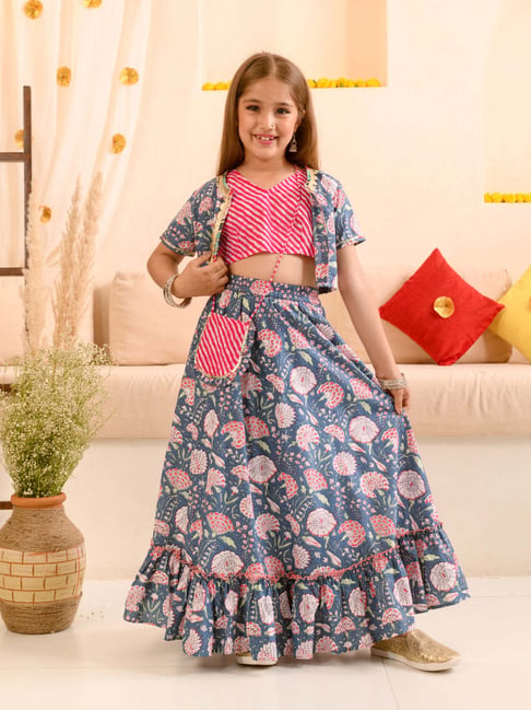 Pspeaches Girls Navy Blue Cotton Regular Fit Floral Print Lehenga Choli-picture-32