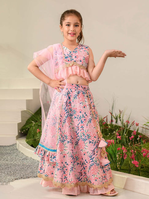 Pspeaches Girls Pink Cotton Regular Fit Floral Print Lehenga Choli-picture-21