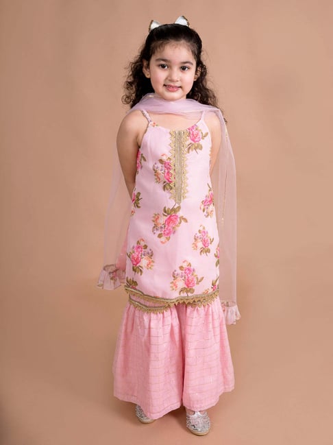 Pspeaches Girls Pink Regular Fit Floral Print Kurta Set-picture-36