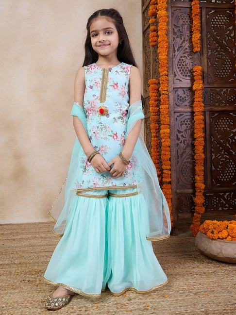 Pspeaches Girls Blue Georgette Regular Fit Floral Print Kurta Set-picture-38