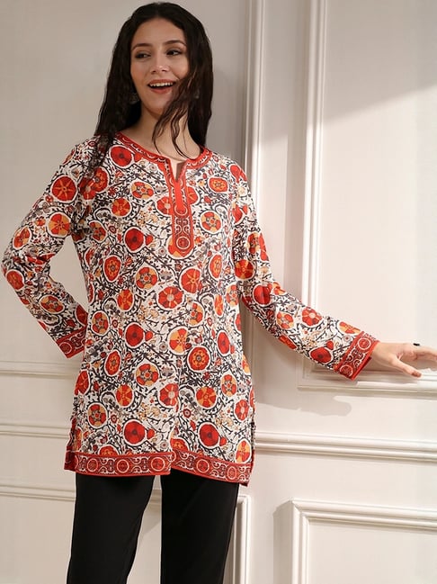 Biba Off White & Red Straight Fit Printed Kurti-picture-16