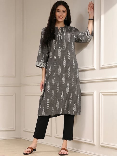 Biba Grey Cotton Straight Fit Printed Kurta-picture-26
