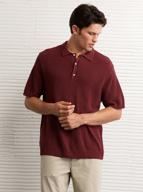 American Eagle Maroon Regular Fit Texture Sweater