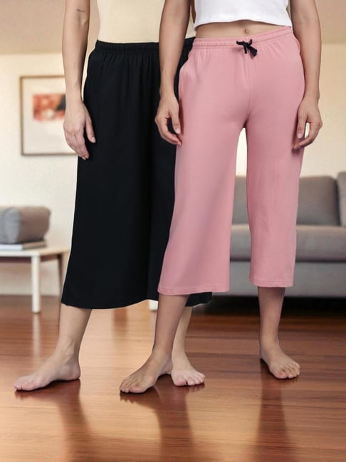 Kryptic Black & Dusty Pink Solid Capris - Pack Of 2