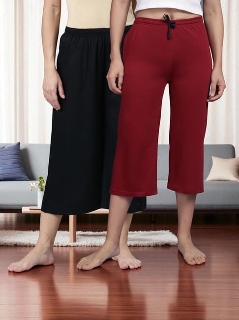 Kryptic Black & Maroon Solid Capris - Pack Of 2