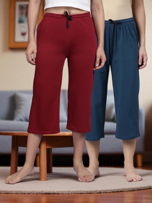 Kryptic Teal Blue & Maroon Solid Capris - Pack Of 2