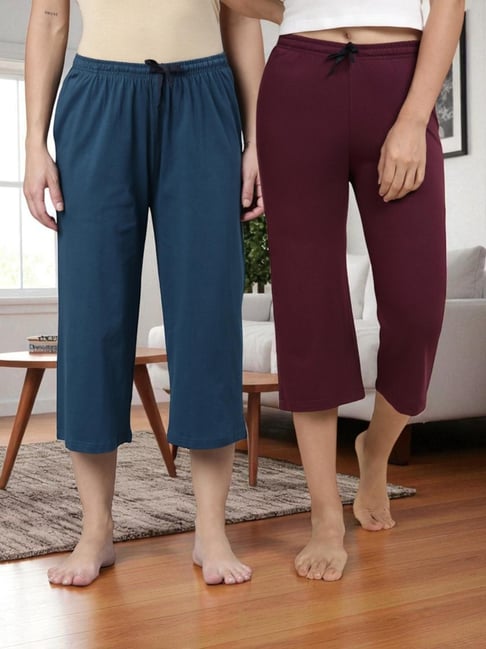 Kryptic Teal Blue & Burgundy Solid Capris - Pack Of 2