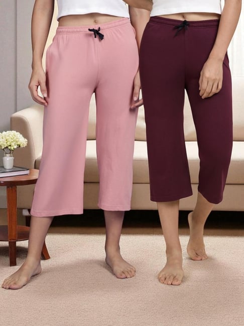 Kryptic Dusty Pink & Burgundy Solid Capris - Pack Of 2