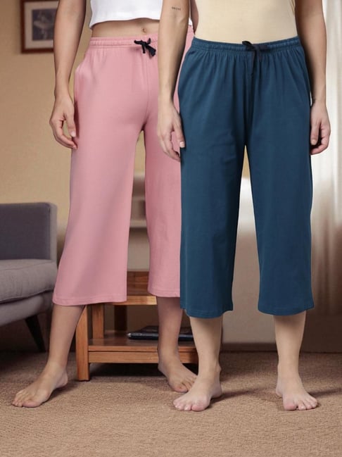 Kryptic Teal Blue & Dusty Pink Solid Capris - Pack Of 2