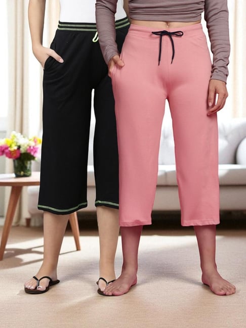 Kryptic Black & Dusty Pink Solid Capris - Pack Of 2