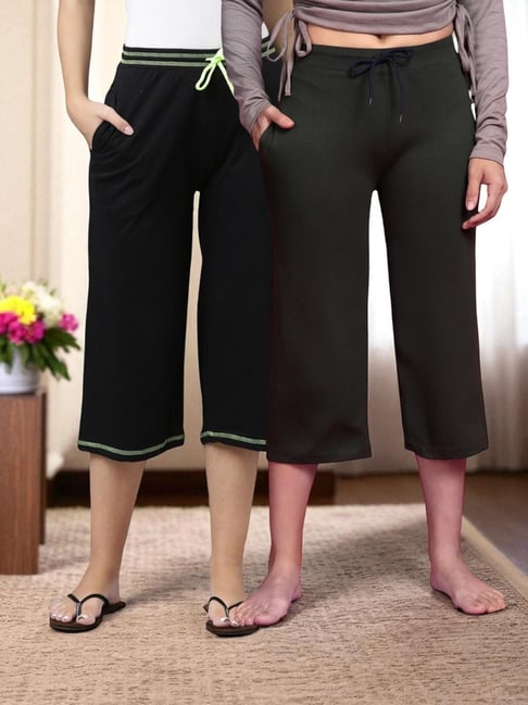 Kryptic Black & Olive Solid Capris - Pack Of 2